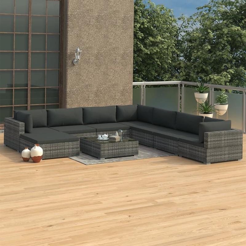 9-tlg. Garten-Lounge-Set mit Auflagen Poly Rattan Grau 9-tlg. Garten-Lounge-Set mit Auflagen Poly Rattan Grau