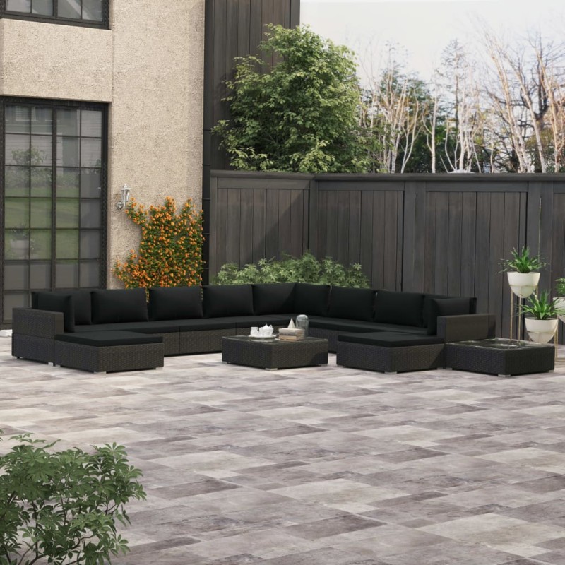 12-tlg. Garten-Lounge-Set mit Auflagen Poly Rattan Schwarz 12-tlg. Garten-Lounge-Set mit Auflagen Poly Rattan Schwarz