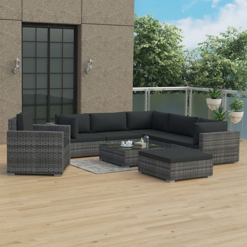 8-tlg. Garten-Lounge-Set mit Auflagen Poly Rattan Grau 8-tlg. Garten-Lounge-Set mit Auflagen Poly Rattan Grau