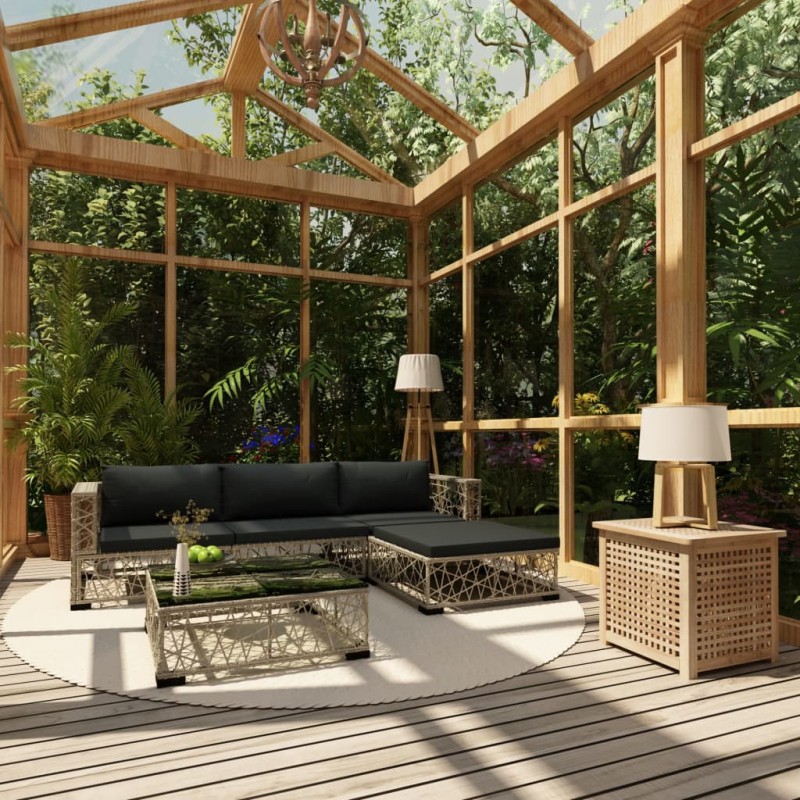 5-tlg. Garten-Lounge-Set mit Auflagen Poly Rattan Grau 5-tlg. Garten-Lounge-Set mit Auflagen Poly Rattan Grau