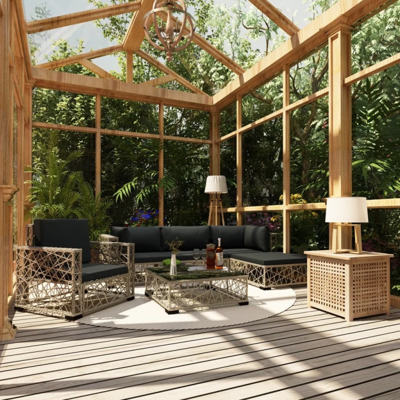 6-tlg. Garten-Lounge-Set mit Auflagen Poly Rattan Grau 6-tlg. Garten-Lounge-Set mit Auflagen Poly Rattan Grau
