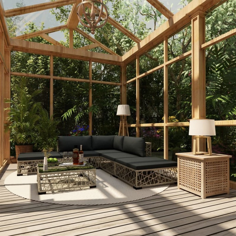 6-tlg. Garten-Lounge-Set mit Auflagen Poly Rattan Grau 6-tlg. Garten-Lounge-Set mit Auflagen Poly Rattan Grau