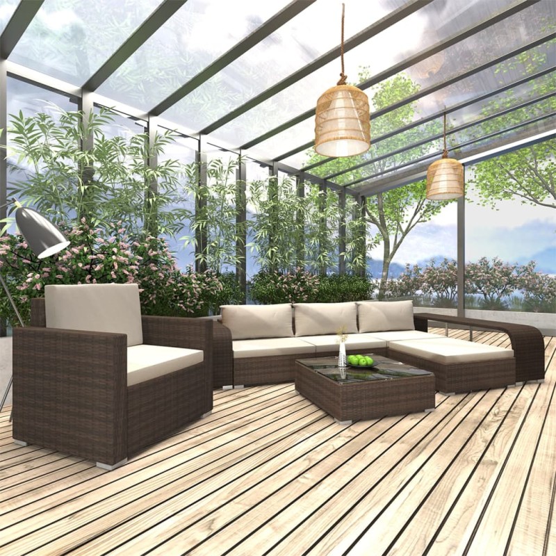 8-tlg. Garten-Lounge-Set mit Auflagen Poly Rattan Braun 8-tlg. Garten-Lounge-Set mit Auflagen Poly Rattan Braun