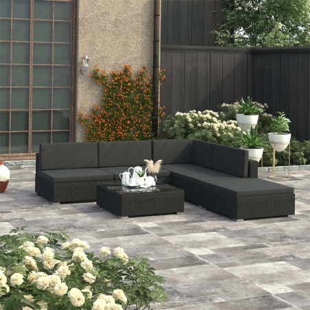 6-tlg. Garten-Lounge-Set Schwarz mit Auflagen Poly Rattan