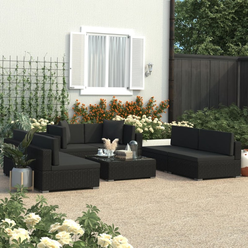 7-tlg. Garten-Lounge-Set Schwarz mit Auflagen Poly Rattan 7-tlg. Garten-Lounge-Set Schwarz mit Auflagen Poly Rattan