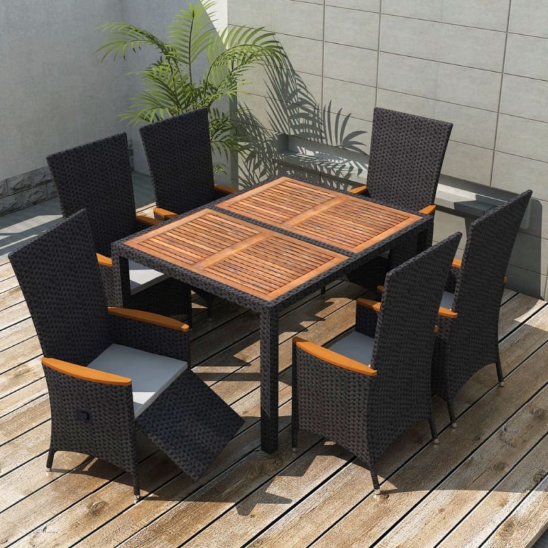 7-tlg. Garten-Essgruppe Poly Rattan Akazienholz Schwarz 7-tlg. Garten-Essgruppe Poly Rattan Akazienholz Schwarz