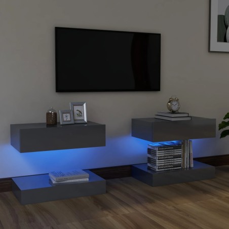 vidaXL TV-Schränke mit LED-Leuchten 2 Stk. Hochglanz-Grau 60x35 cm