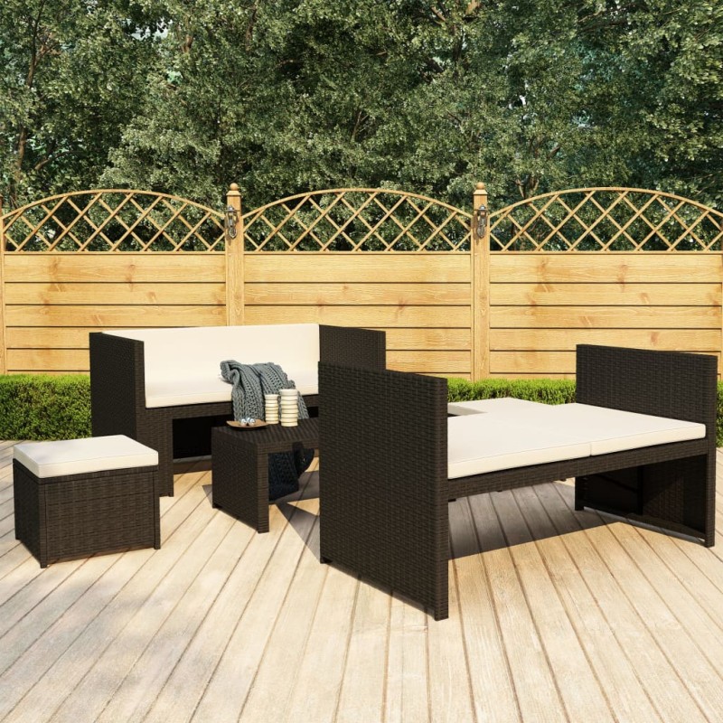 5-tlg. Garten-Lounge-Set mit Auflagen Poly Rattan Schwarz 5-tlg. Garten-Lounge-Set mit Auflagen Poly Rattan Schwarz