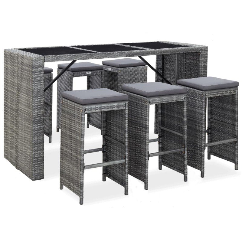 7-tlg. Gartenbar-Set mit Auflagen Poly Rattan Grau 7-tlg. Gartenbar-Set mit Auflagen Poly Rattan Grau