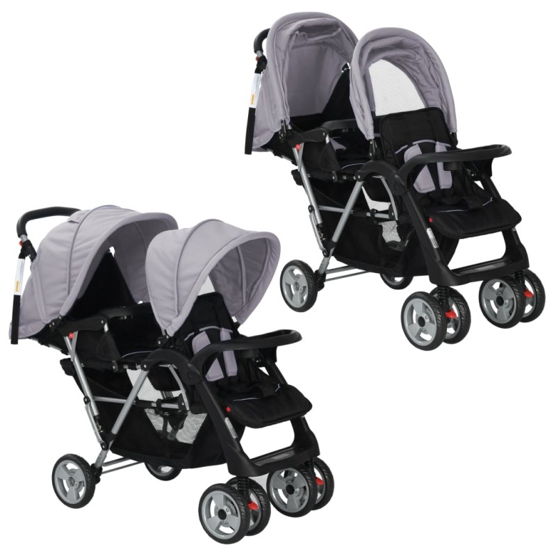 vidaXL Tandem-Kinderwagen Stahl Grau und Schwarz vidaXL Tandem-Kinderwagen Stahl Grau und Schwarz