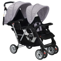 vidaXL Tandem-Kinderwagen Stahl Grau und Schwarz 