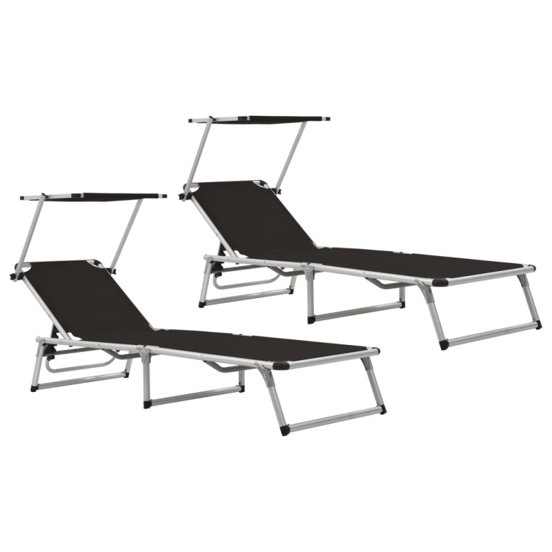 vidaXL Klappbare Sonnenliegen mit Dach 2 Stk. Alu Textilene Schwarz vidaXL Klappbare Sonnenliegen mit Dach 2 Stk. Alu Textilene Schwarz