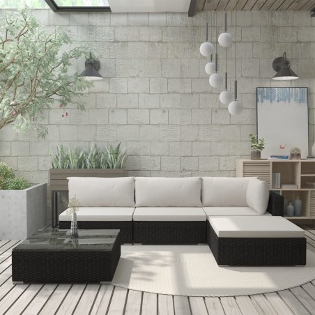 5-tlg. Garten-Lounge-Set mit Auflagen Poly Rattan Schwarz