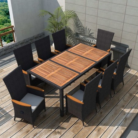9-tlg. Garten-Essgruppe Poly Rattan Akazienholz Schwarz