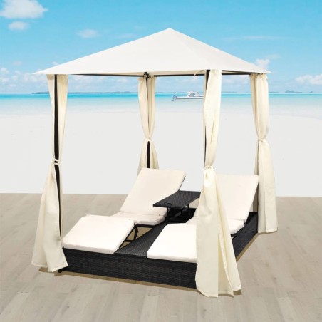 vidaXL Doppel-Sonnenliege mit Vorhang Poly Rattan Schwarz