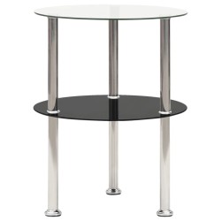 vidaXL Beistelltisch mit 2 Ablagen Transparent & Schwarz 38cm Hartglas