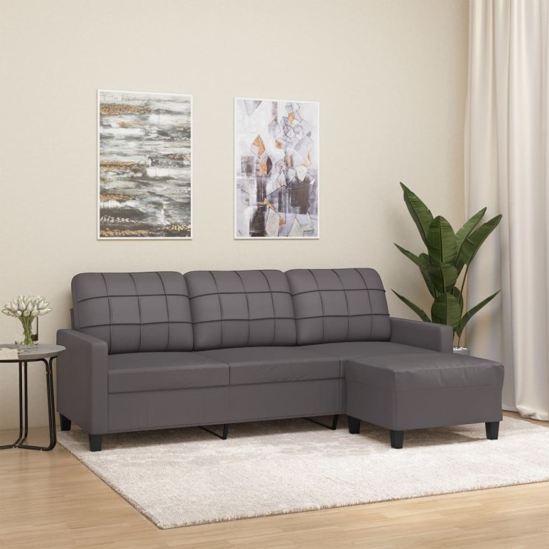 3-Sitzer-Sofa mit Hocker Grau 180 cm Kunstleder 3-Sitzer-Sofa mit Hocker Grau 180 cm Kunstleder