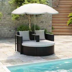 vidaXL Gartenbett mit Sonnenschirm Braun Poly Rattan
