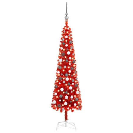 vidaXL Weihnachtsbaum Schlank mit LEDs & Kugeln Rot 180 cm