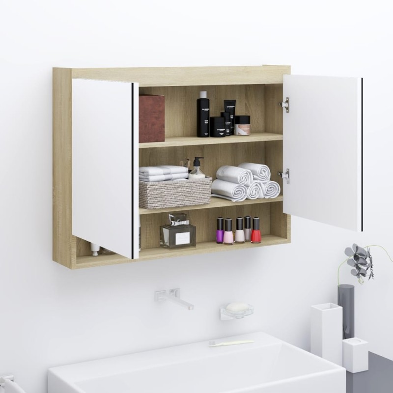 vidaXL Spiegelschrank fürs Bad 80x15x60 cm MDF Weiß und Eiche-Optik vidaXL Spiegelschrank fürs Bad 80x15x60 cm MDF Weiß und Eiche-Optik