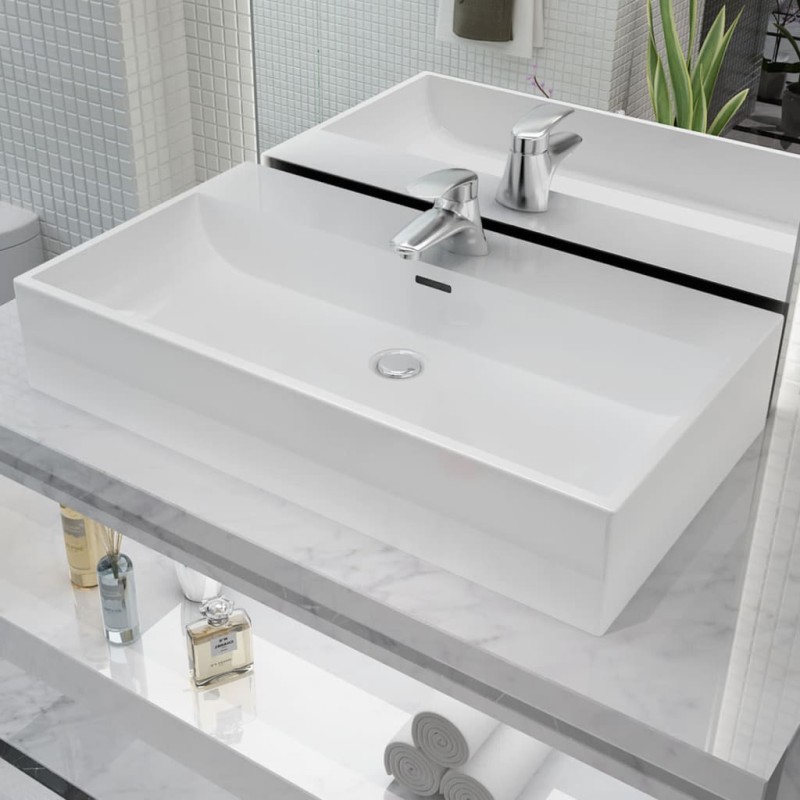 vidaXL Waschbecken mit Hahnloch Keramik Weiß 76x42,5x14,5 cm vidaXL Waschbecken mit Hahnloch Keramik Weiß 76x42,5x14,5 cm