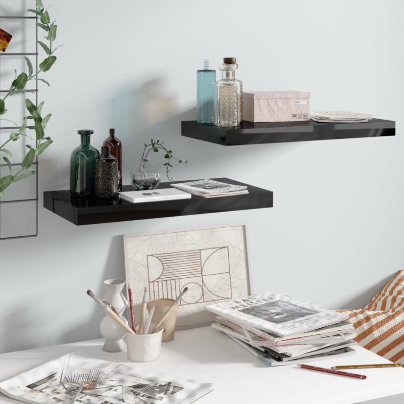 vidaXL Schwebende Wandregale 2 Stk. Hochglanz-Schwarz 50x23x3,8cm MDF vidaXL Schwebende Wandregale 2 Stk. Hochglanz-Schwarz 50x23x3,8cm MDF