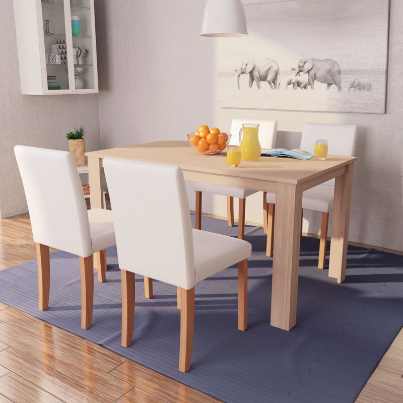 Esszimmertisch und Stühle 5-tlg. Kunstleder Eiche Cremeweiß Esszimmertisch und Stühle 5-tlg. Kunstleder Eiche Cremeweiß