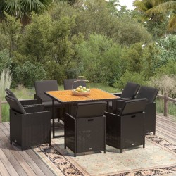 vidaXL 9-tlg. Garten-Essgruppe mit Kissen Poly Rattan Schwarz