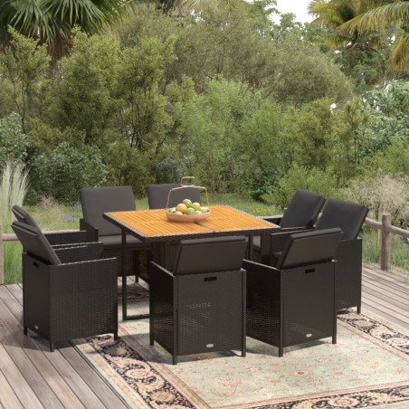 vidaXL 9-tlg. Garten-Essgruppe mit Kissen Poly Rattan Schwarz