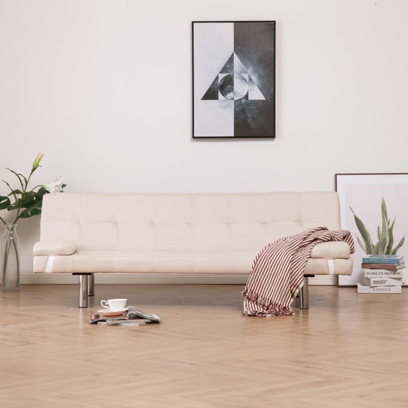 Schlafsofa mit zwei Kissen Creme Polyester Schlafsofa mit zwei Kissen Creme Polyester