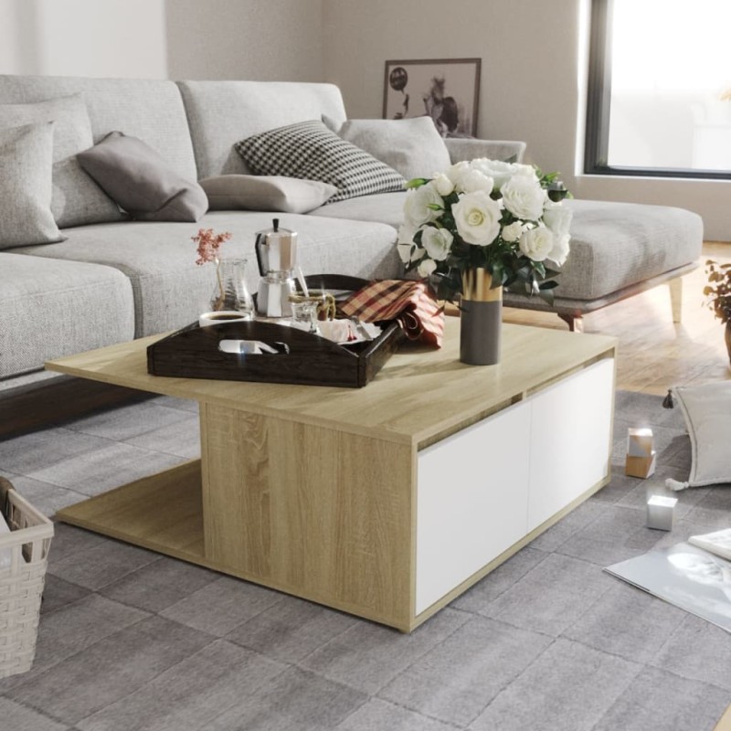 vidaXL Couchtisch Weiß und Sonoma-Eiche 80x80x31 cm Holzwerkstoff vidaXL Couchtisch Weiß und Sonoma-Eiche 80x80x31 cm Holzwerkstoff