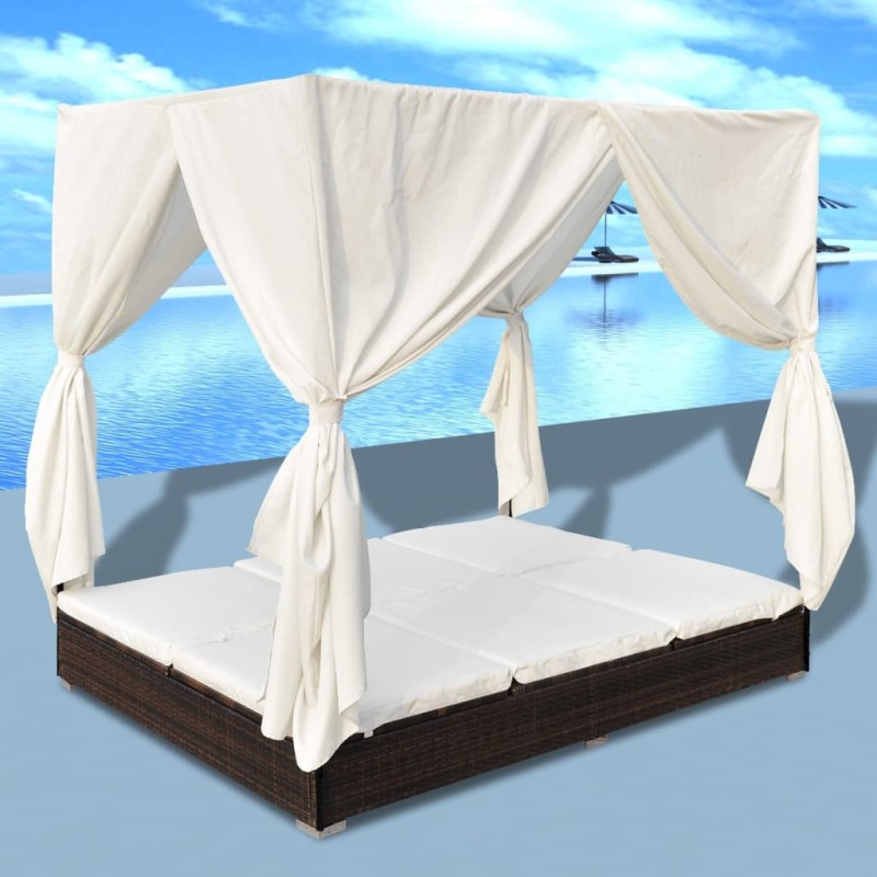 Outdoor-Loungebett mit Vorhang Poly Rattan Braun Outdoor-Loungebett mit Vorhang Poly Rattan Braun