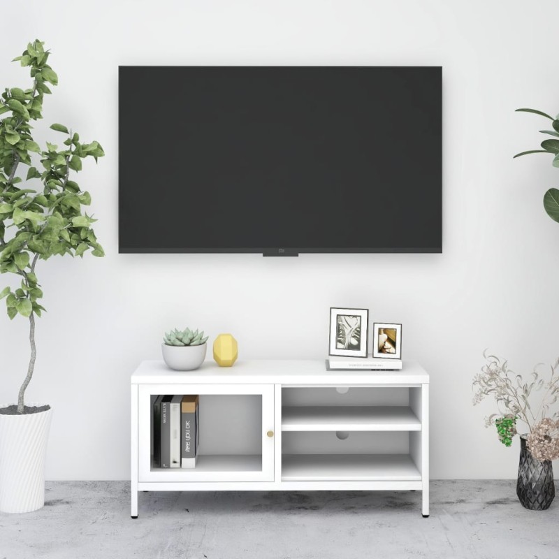 vidaXL TV-Schrank Weiß 90x30x44 cm Stahl und Glas vidaXL TV-Schrank Weiß 90x30x44 cm Stahl und Glas