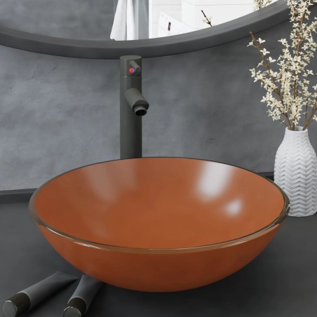 vidaXL Badezimmer Waschbecken mit Wasserhahn und Ablaufgarnitur Braun Gehärtetes Glas