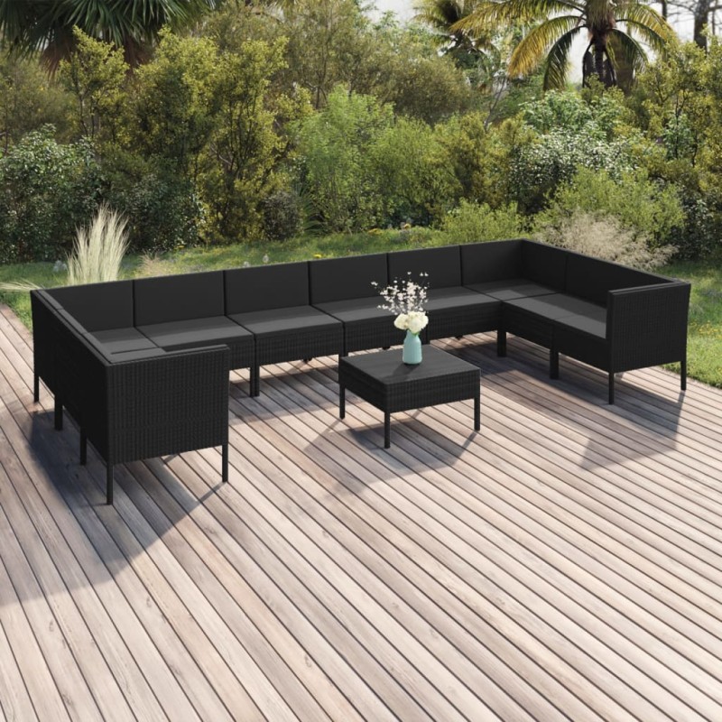 vidaXL 11-tlg. Garten-Lounge-Set mit Auflagen Poly Rattan Schwarz vidaXL 11-tlg. Garten-Lounge-Set mit Auflagen Poly Rattan Schwarz