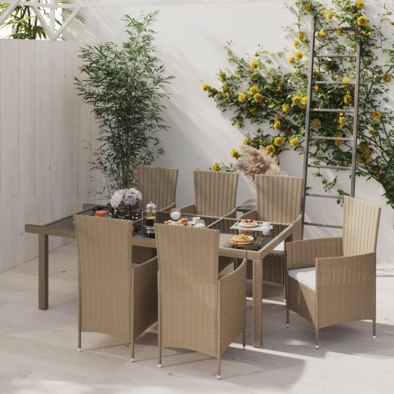 vidaXL 7-tlg. Garten-Essgruppe mit Kissen Poly Rattan Beige vidaXL 7-tlg. Garten-Essgruppe mit Kissen Poly Rattan Beige