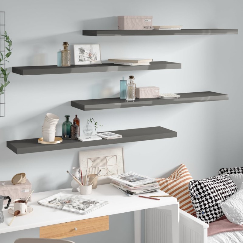 vidaXL Schwebende Wandregale 4 Stk. Hochglanz-Grau 120x23,5x3,8cm MDF vidaXL Schwebende Wandregale 4 Stk. Hochglanz-Grau 120x23,5x3,8cm MDF
