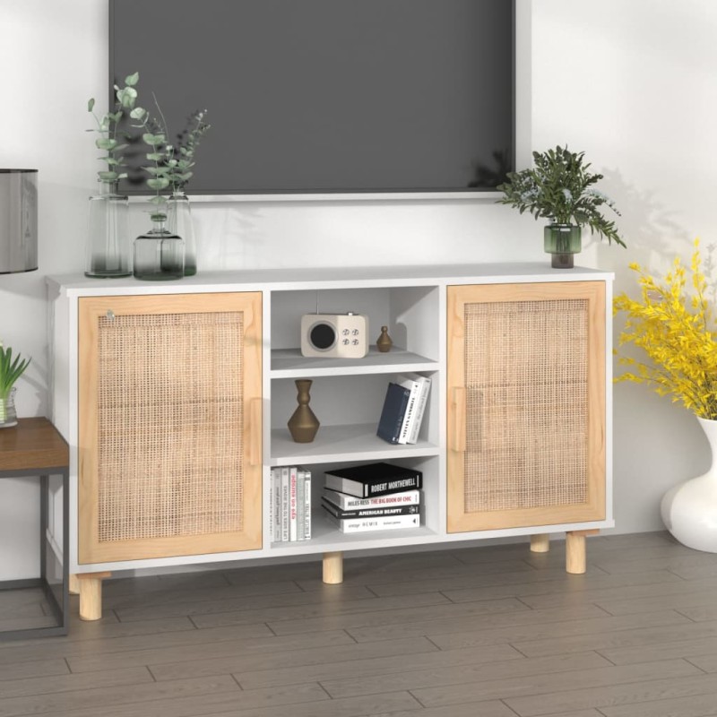 vidaXL Sideboard Weiß 105x30x60 cm Massivholz Kiefer und Natur-Rattan vidaXL Sideboard Weiß 105x30x60 cm Massivholz Kiefer und Natur-Rattan