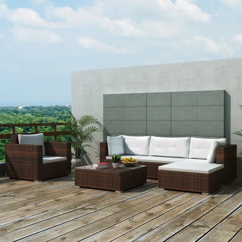 vidaXL 6-tlg. Garten-Lounge-Set mit Kissen Poly Rattan Braun vidaXL 6-tlg. Garten-Lounge-Set mit Kissen Poly Rattan Braun