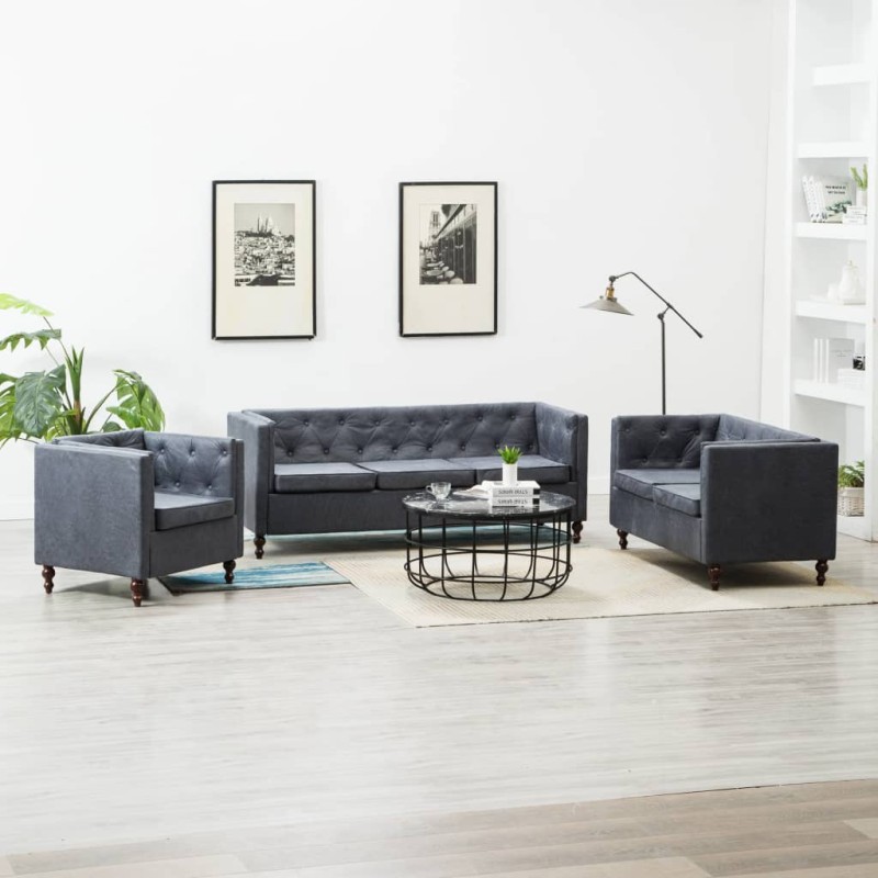 Chesterfield Sofa-Set 3-tlg. Stoffpolsterung Grau Chesterfield Sofa-Set 3-tlg. Stoffpolsterung Grau