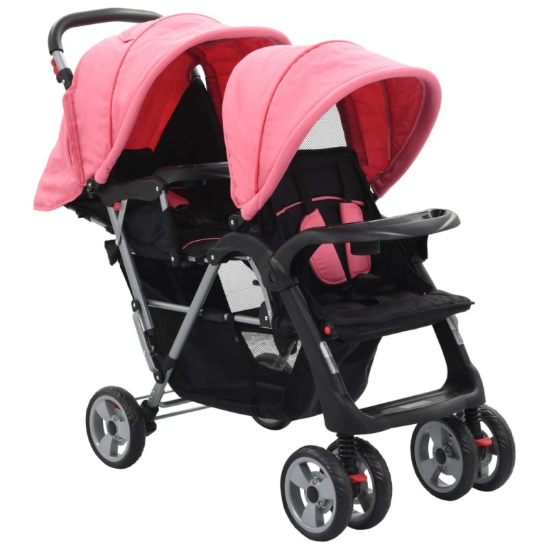 vidaXL Tandem-Kinderwagen Stahl Rosa und Schwarz vidaXL Tandem-Kinderwagen Stahl Rosa und Schwarz