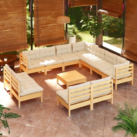 vidaXL 12-tlg. Garten-Lounge-Set mit Creme Kissen Massivholz Kiefer