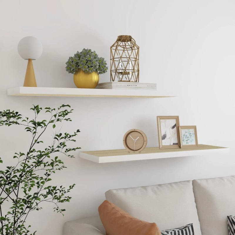 vidaXL Schweberegale 2 Stk. Eiche und Weiß 90x23,5x3,8 cm MDF vidaXL Schweberegale 2 Stk. Eiche und Weiß 90x23,5x3,8 cm MDF