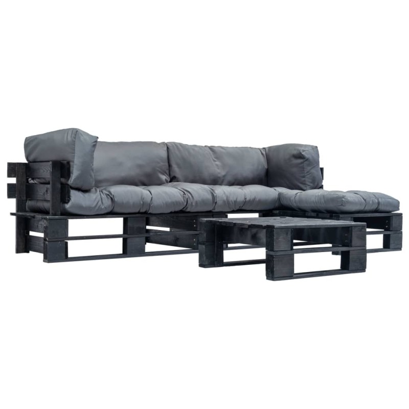 4-tlg. Garten-Lounge-Set aus Paletten mit Grauen Kissen Holz 4-tlg. Garten-Lounge-Set aus Paletten mit Grauen Kissen Holz