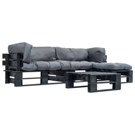 4-tlg. Garten-Lounge-Set aus Paletten mit Grauen Kissen Holz