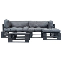 4-tlg. Garten-Lounge-Set aus Paletten mit Grauen Kissen Holz