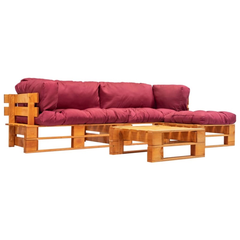 4-tlg. Garten-Lounge-Set aus Paletten mit Roten Kissen Holz 4-tlg. Garten-Lounge-Set aus Paletten mit Roten Kissen Holz
