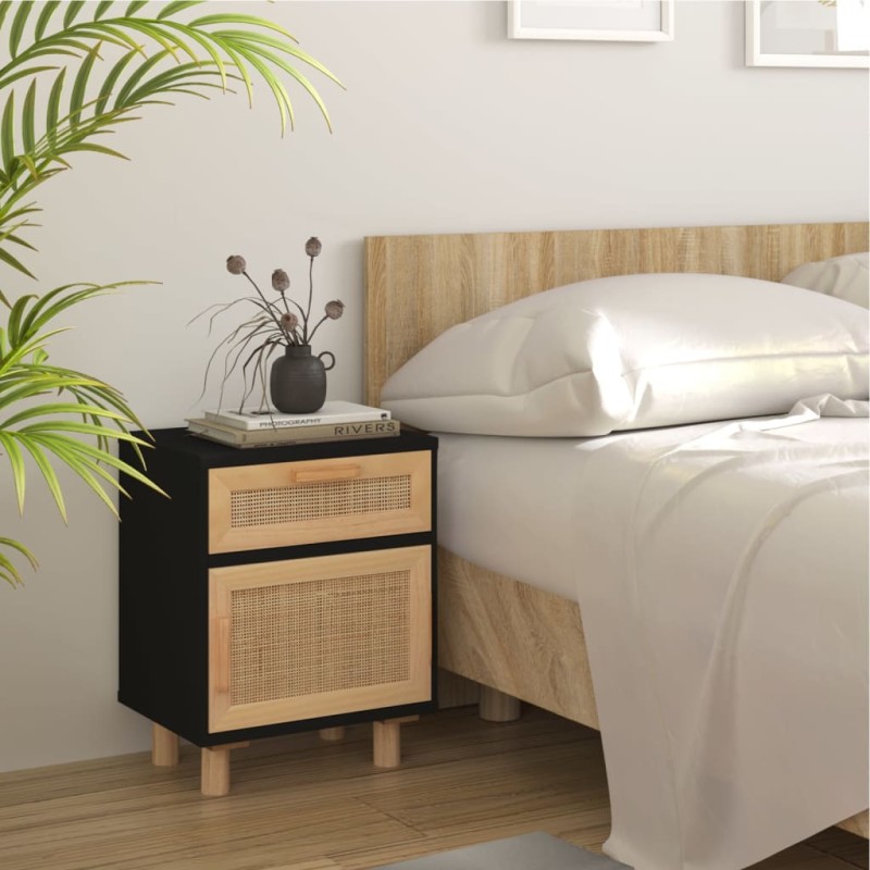 vidaXL Nachttisch Schwarz Massivholz Kiefer und Natur-Rattan vidaXL Nachttisch Schwarz Massivholz Kiefer und Natur-Rattan
