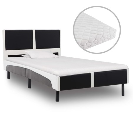 Bett mit Matratze Schwarz und Weiß Kunstleder 90 x 200 cm
