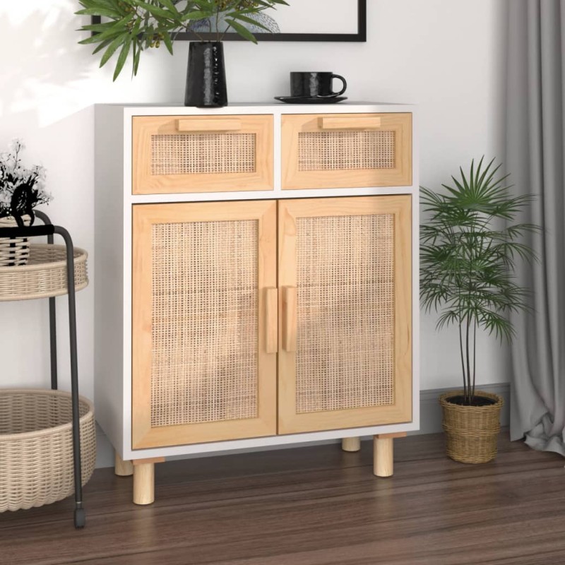 vidaXL Sideboard Weiß 60x30x75 cm Massivholz Kiefer und Natur-Rattan vidaXL Sideboard Weiß 60x30x75 cm Massivholz Kiefer und Natur-Rattan
